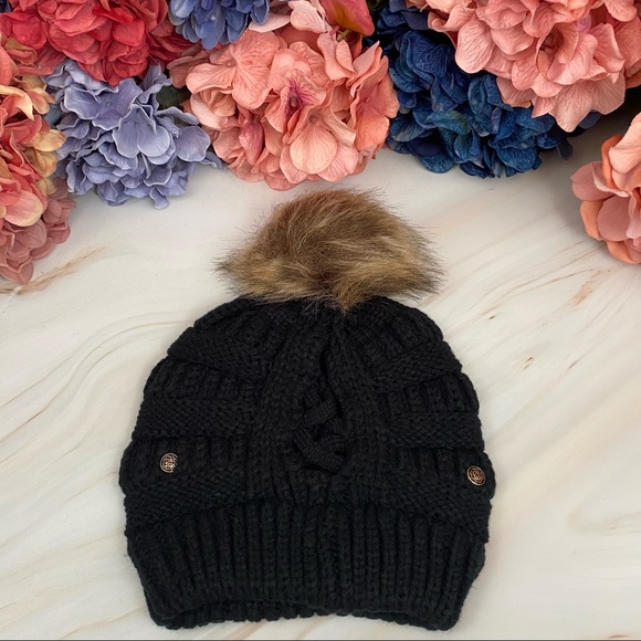 Black Knit Criss Cross Ponytail Pom Pom Beanie - Picture 9 of 15